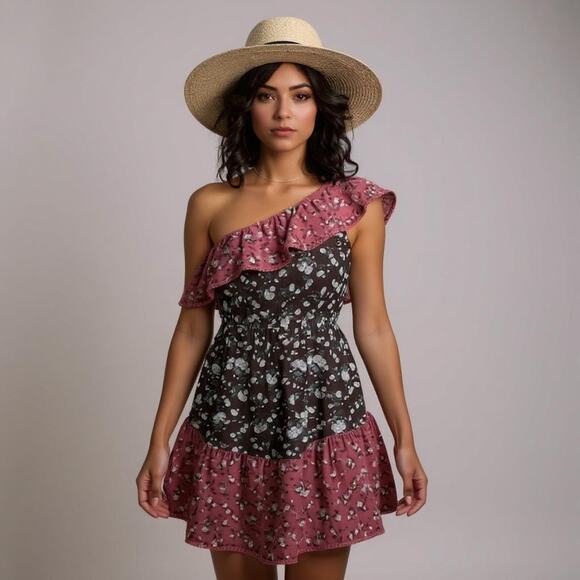 Bar III Raspberry Brown Floral Asymmetrical Ruffle Dress, Size Small, NWT SMALL - Picture 1 of 6